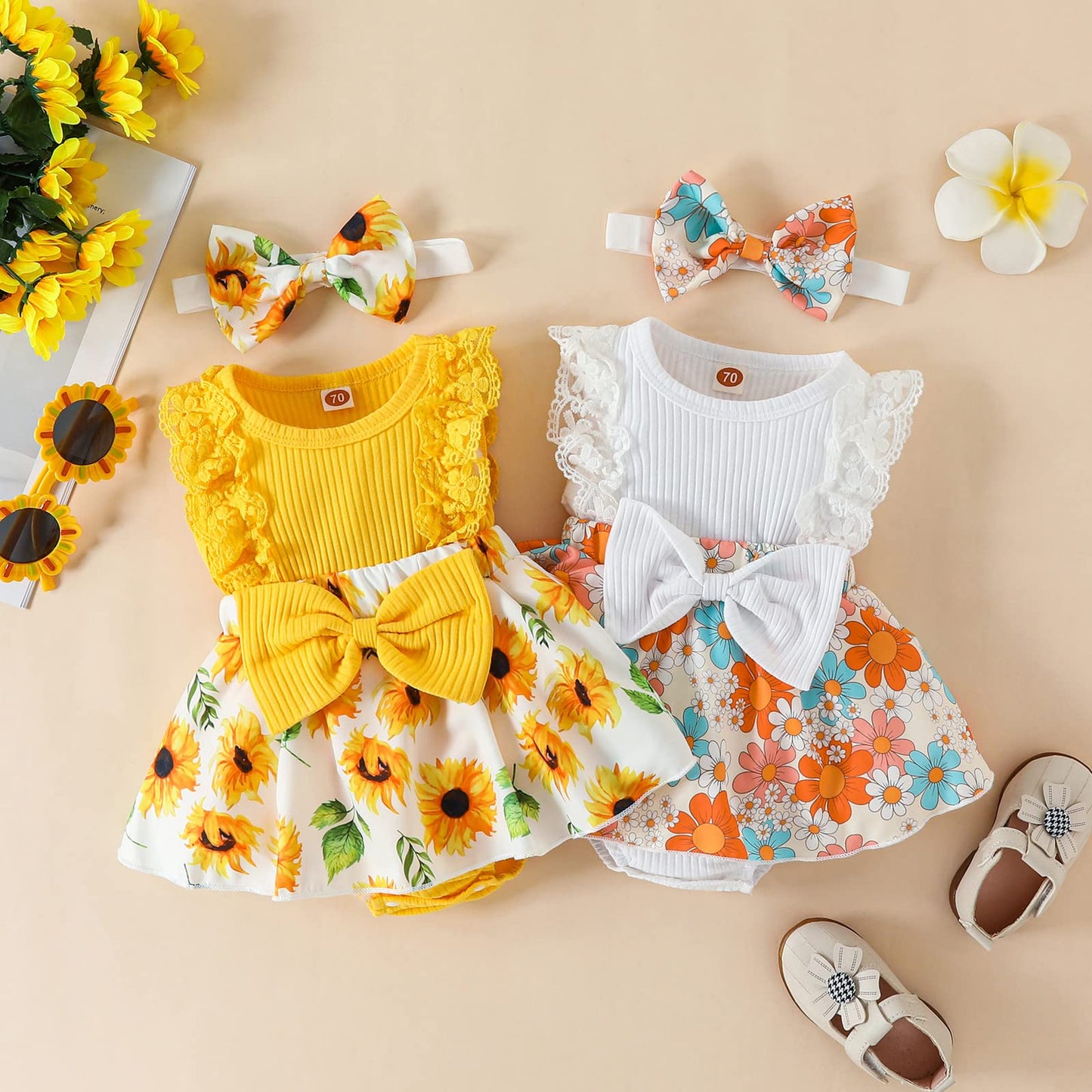 Mubineo Baby Girl Summer Clothes Outfits Sleeveless Lace Floral Romper Dress Newborn Outfit (Yellow Sunflower, 3-6 Months)