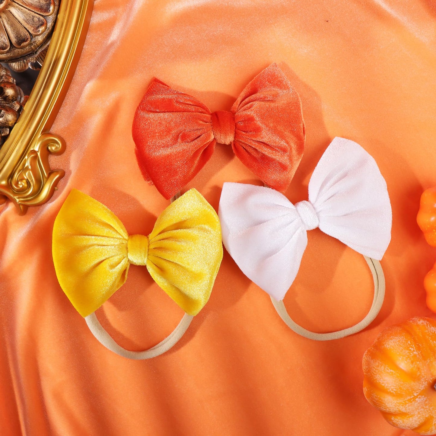 Yanjie Halloween Bows Baby Girls Headbands, Velvet Elastic Hair Bow Halloween Orange Yellow Hair Bands Bows Baby Festival Dress