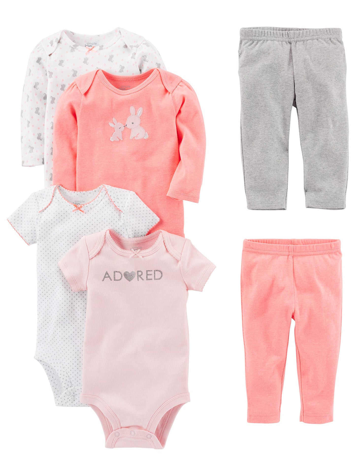 Simple Joys Baby Girls 6 piece Little Character set Sleepwear, Pink Bunny, Newborn