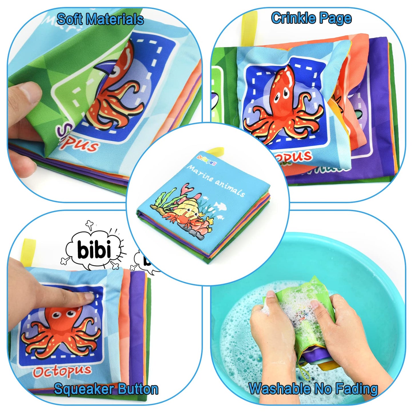 Dr.Rapeti Soft Cloth Book For Baby Infant Toddler Kids 6-Pack Crinkle Squeaky Washable Non-Toxic Early Educational Baby Book Bat