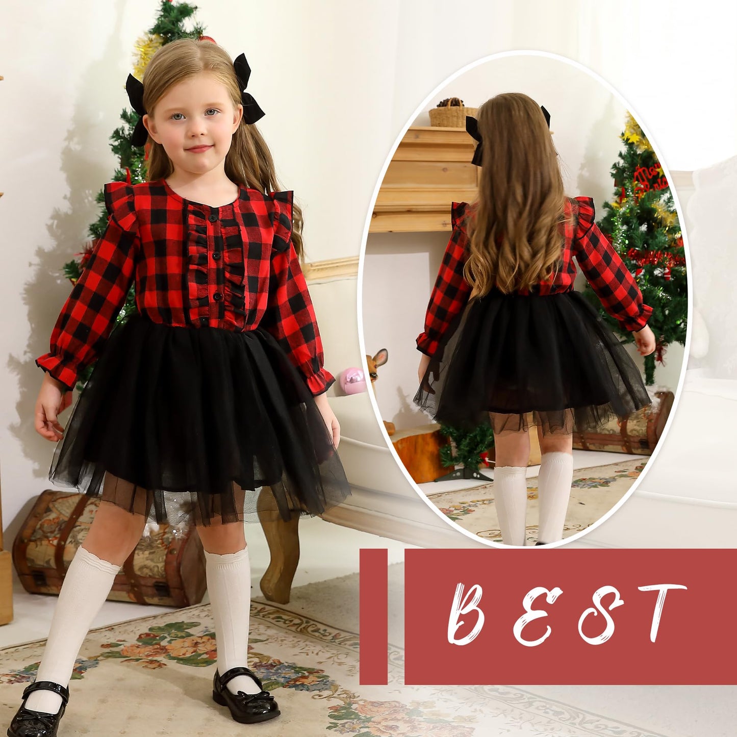 Younger Tree Toddler Kids Girls Clothes Christmas Dress Ruffle Red Plaid Black Mesh Skirt Outfits Overall Fall Winter (2-3T, Red