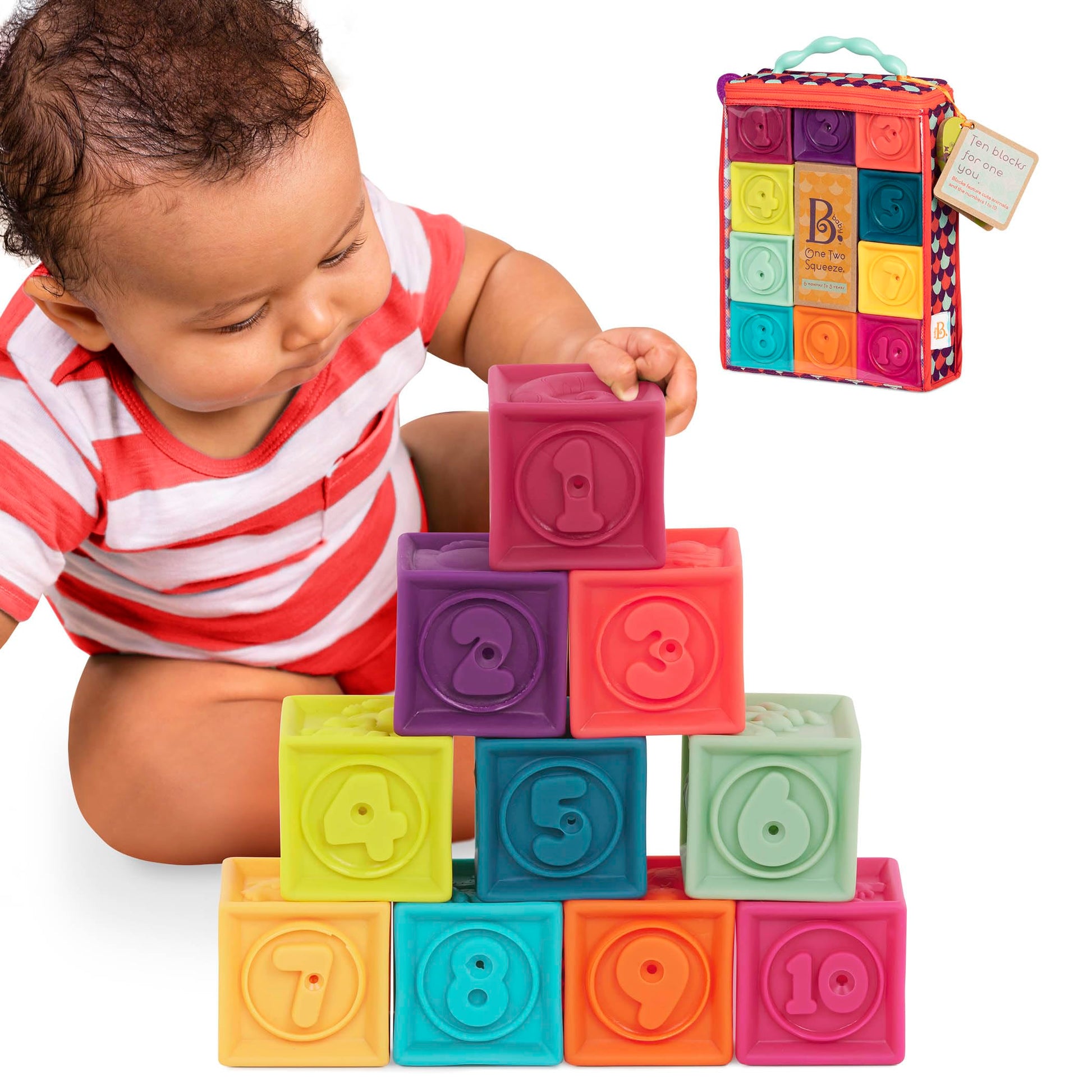 B. toys- B. baby - Baby Blocks - Stacking & Building Toys For Babies - 10 Soft Blocks With Numbers, Shapes, Animals - Educationa