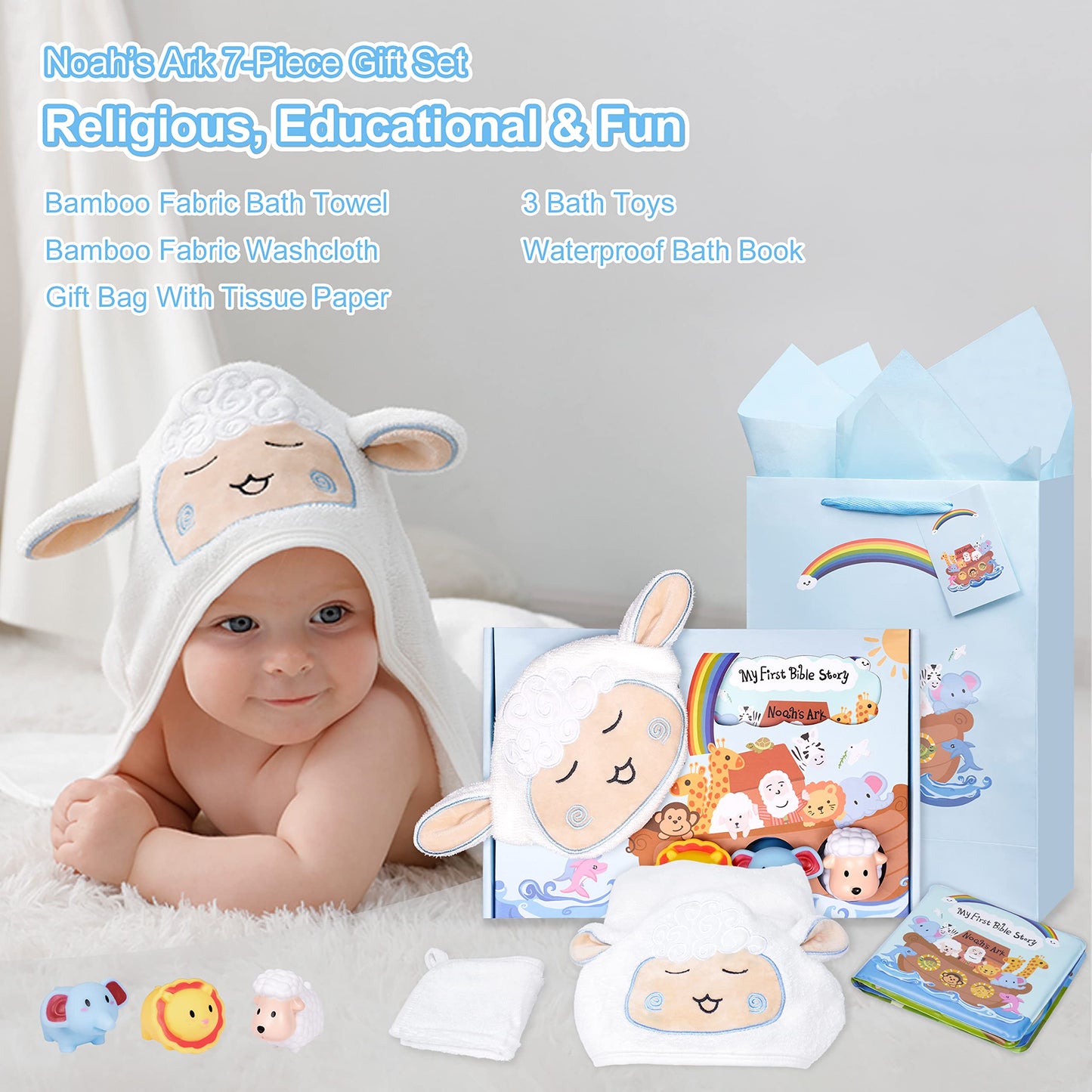 My First Noahs Ark 7 pcs Baptism Gift Set, Dedication, Christening and Baptism Gifts for Boys and Newborn Baby, Includes Washclo