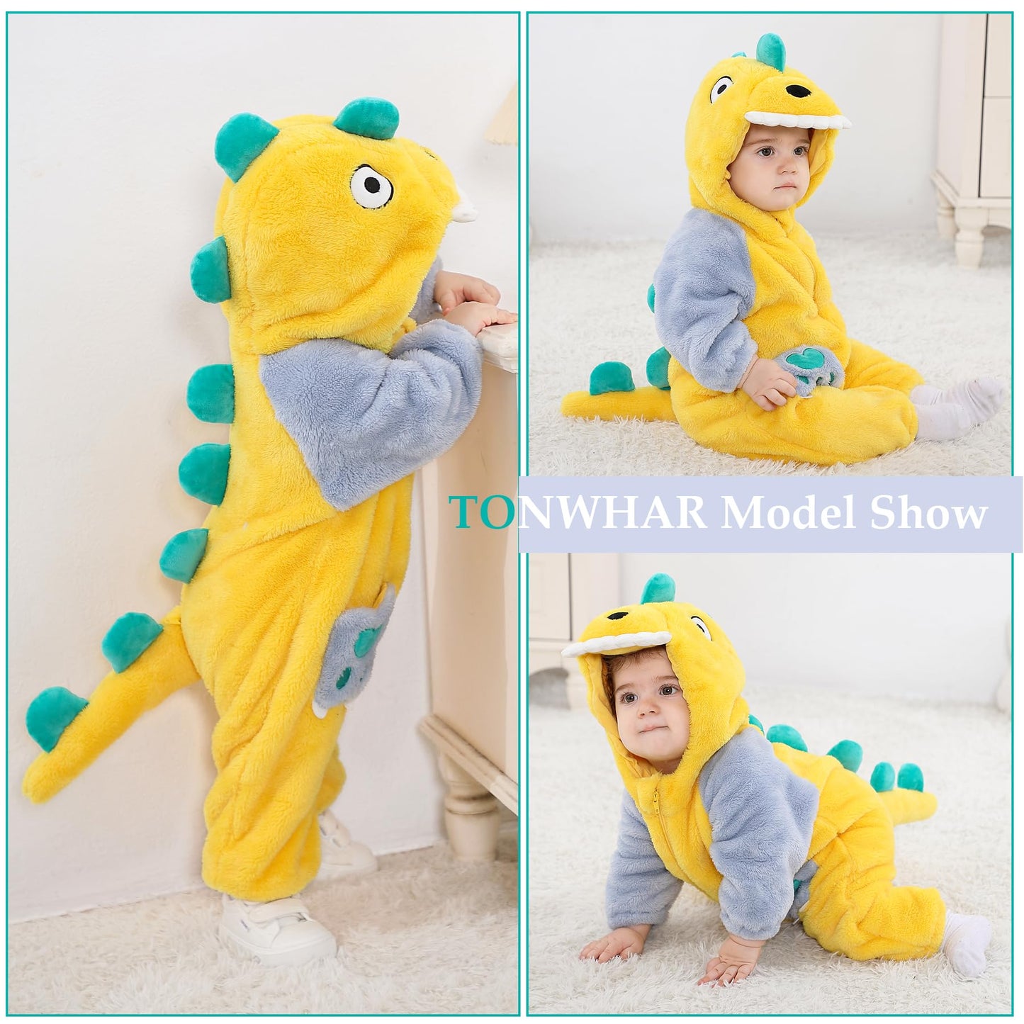 Tonwhar Kids' And Toddlers' Infant Tiger Dinosaur Animal Fancy Dress Costume Outfit Hooded Romper Jumpsuit(12-18 Months/Height:2