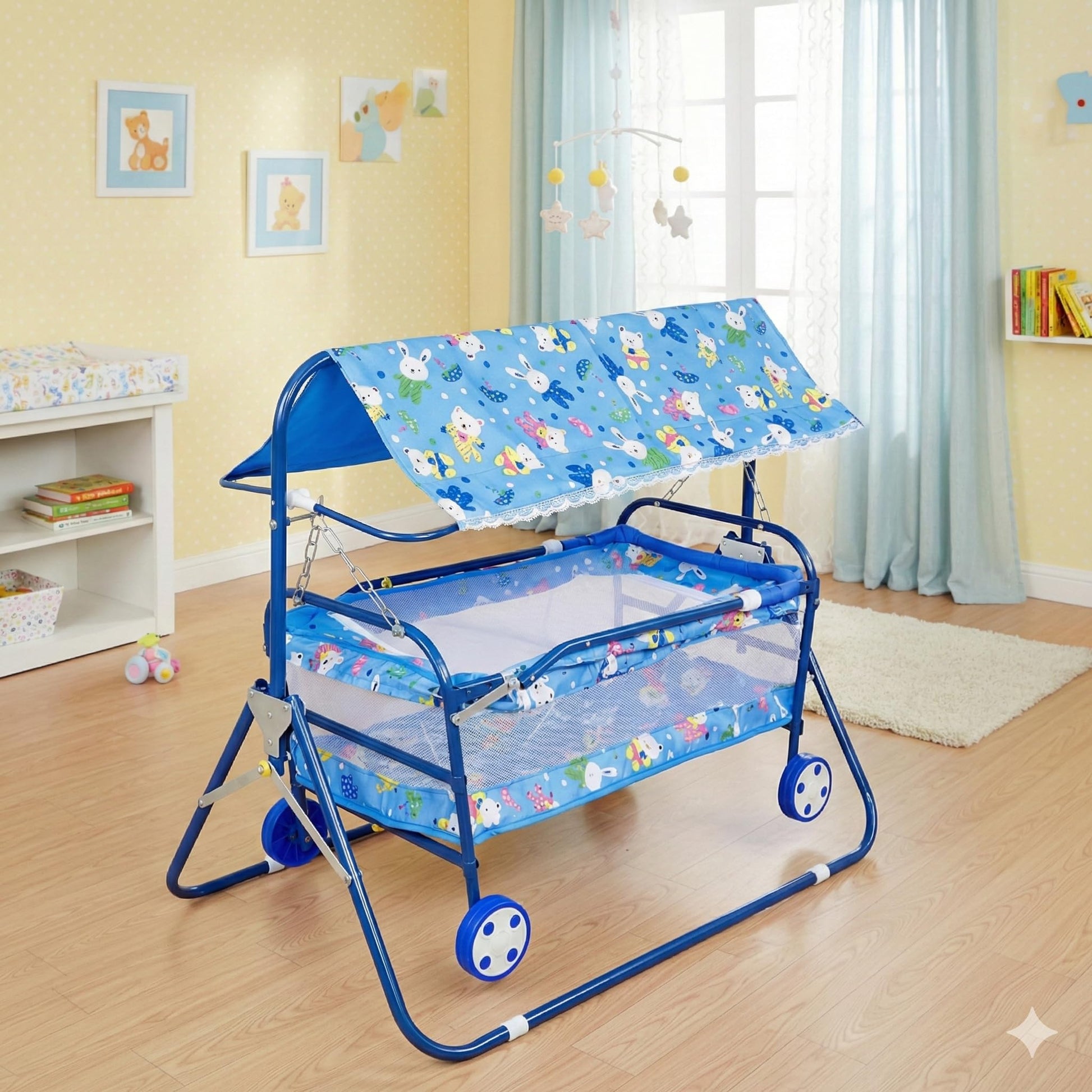 Avani Metrobuzz Small Baby Cradle With Wheels, Foldable Design With Canopy For For 06 Months Baby Boys And Girls (Medium_Blue)