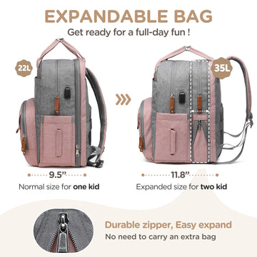 Qualyphant Extra Large Diaper Bag Backpack For Two Kids, Expandable 35L Baby Bags For Mom Girl Boy Dad Toddler, Pink Travel Diap