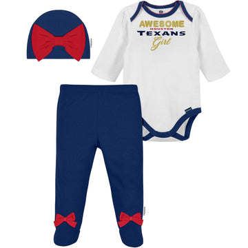 Nfl Houston Texans 3 Pack Bodysuit Footed Pant And Cap Registry Gift Set, Blue/White Houston Texans, 6-9M