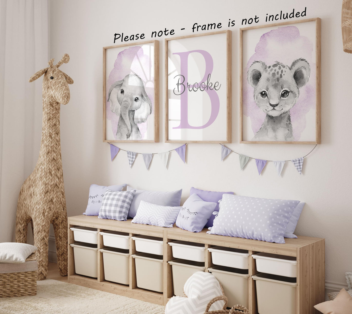 Safari Animals Set Of 3 Unframed Poster Prints For Baby Girls Nursery Bedroom Playroom, Personalized Name, Choice Of 12 Animals,