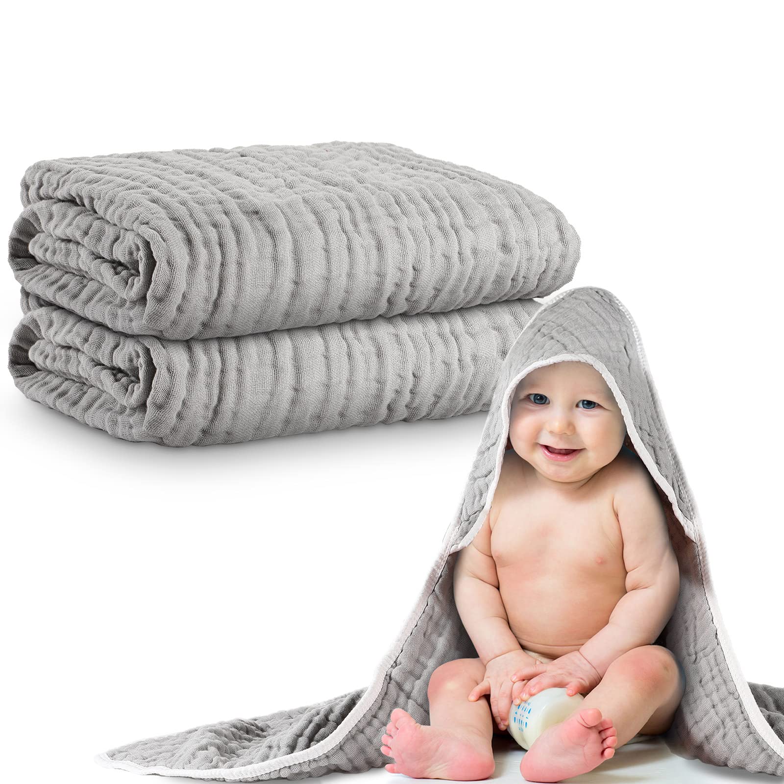 Chumia 2 Pieces Muslin Hooded Baby Towels for Newborn Girls Boys 32x 32 Cotton Infant Bath Towel Absorbent Unisex Hooded Blanket