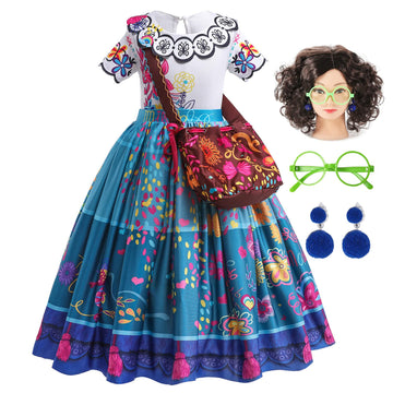 Atimigo Mirabel Dress For Girls, Mirabel Costume Halloween Cosplay Outfit Birthday Gift For Girls Kids With Wig Glasses Bag Size