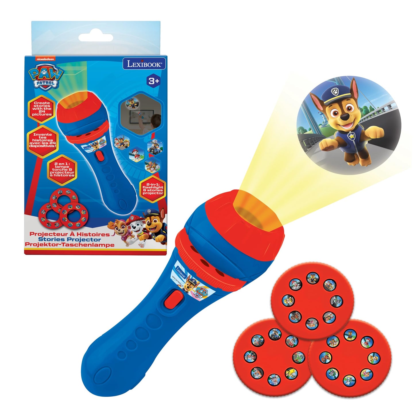 LEXiBOOK, Paw Patrol, Stories Projector, Torch Light and Projector with 3 Discs, 24 Images, Create Your own Stories, LTC050PA