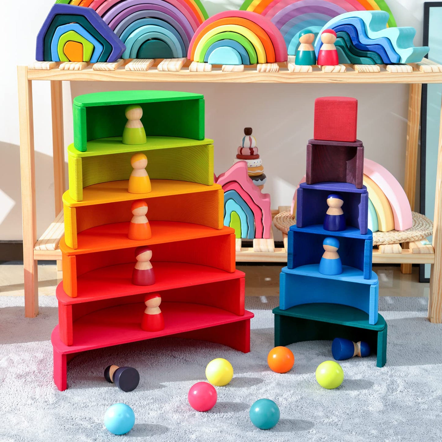 MERRYHEART Wooden Rainbow Stacking Toy, 12 Pcs Wood Building Blocks Set, Waldorf Toys for Toddlers, Matching Educational Learnin