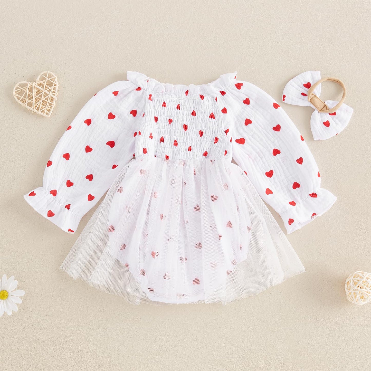 Baby Girl Valentines Day Dress Heart Puff Sleeve Cotton Linen Tulle Romper Dresses Newborn Valentines Outfit (White, 0-3 Months)