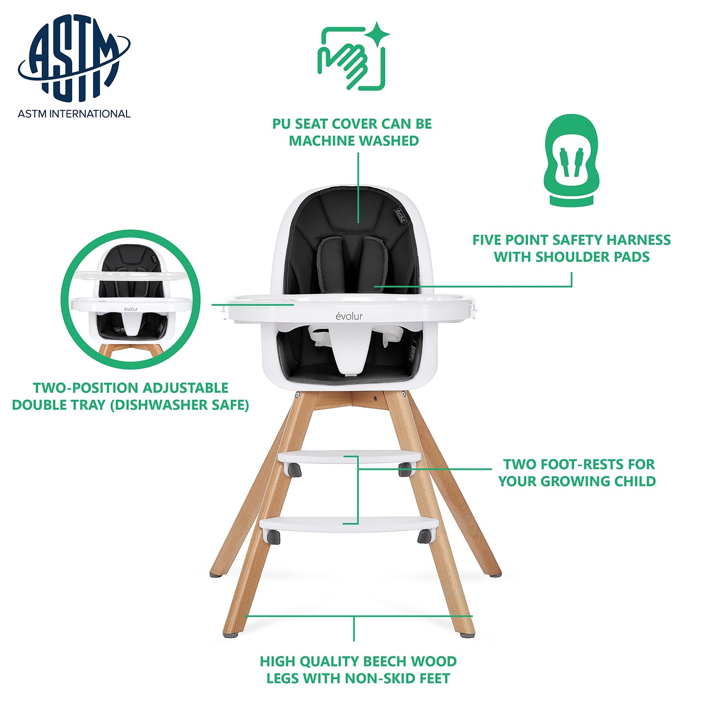 Evolur Zoodle 2 in 1 Convertible Baby High Chair, Black, Easy to Clean, Adjustable & Removable Tray, Compact & Portable, Foldabl