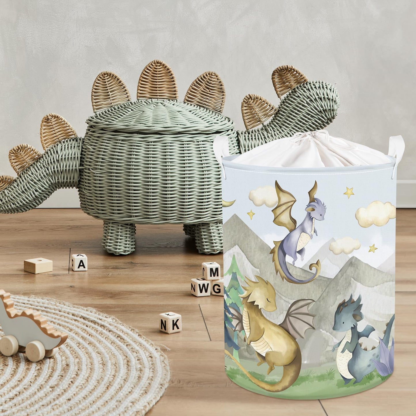 Clastyle 45L Kids Cute Dragon Nursery Hamper Mountain Tree Dirty Clothes Collapsible Laundry Basket Round Cloud Toys Storage Bas