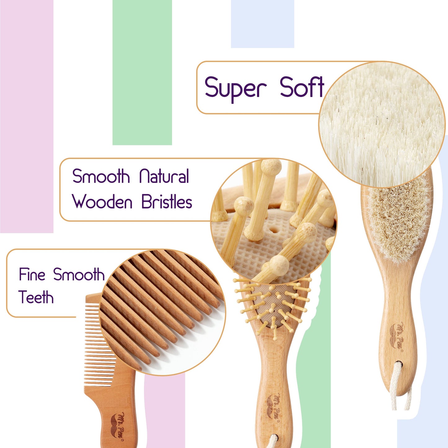 Mr. Pen- Baby Brush And Comb Set, 3Pcs, Wooden, Baby Hair Brush, Cradle Cap Brush, Baby Brush Set For Newborns, Infant Hair Brus