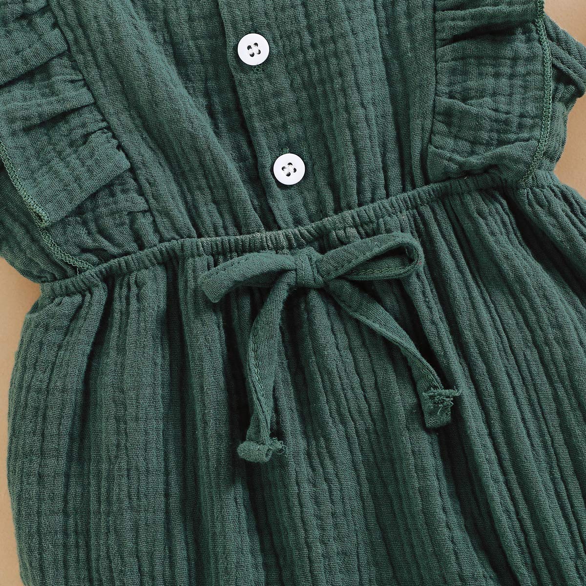 Younger Tree Toddler Baby Girl Ruffled Sleeveless Romper Casual Summer Jumpsuit Cotton Linen Clothes (Button-Green, 6-12 Months)