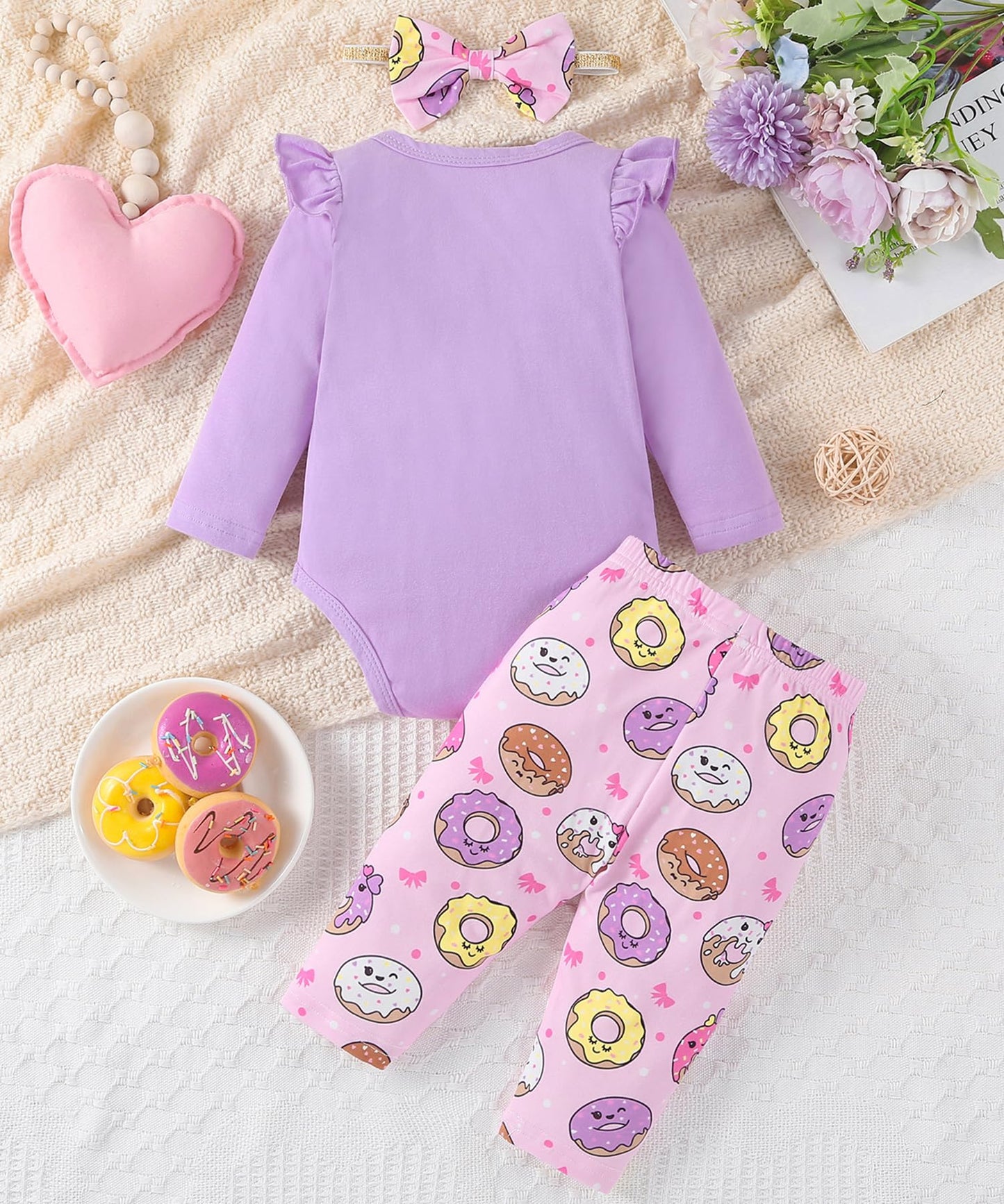 Newborn Baby Girl Clothes Gifts Outfits Spring Fall Winter Long Sleeve Romper And Pant Set Purple Donut 0-3 Months