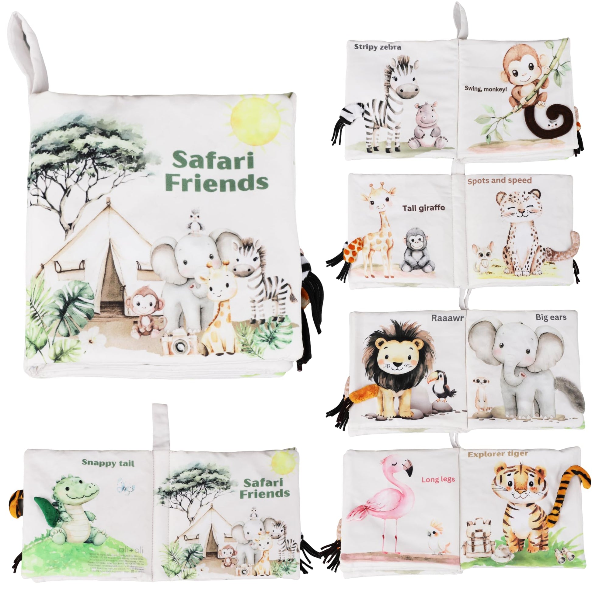 Ali+Oli Baby Cloth Book - Soft Sensory Crinkle Book with Textured Tails for Infants 0-12 Months - Early Learning Touch & Feel Tu