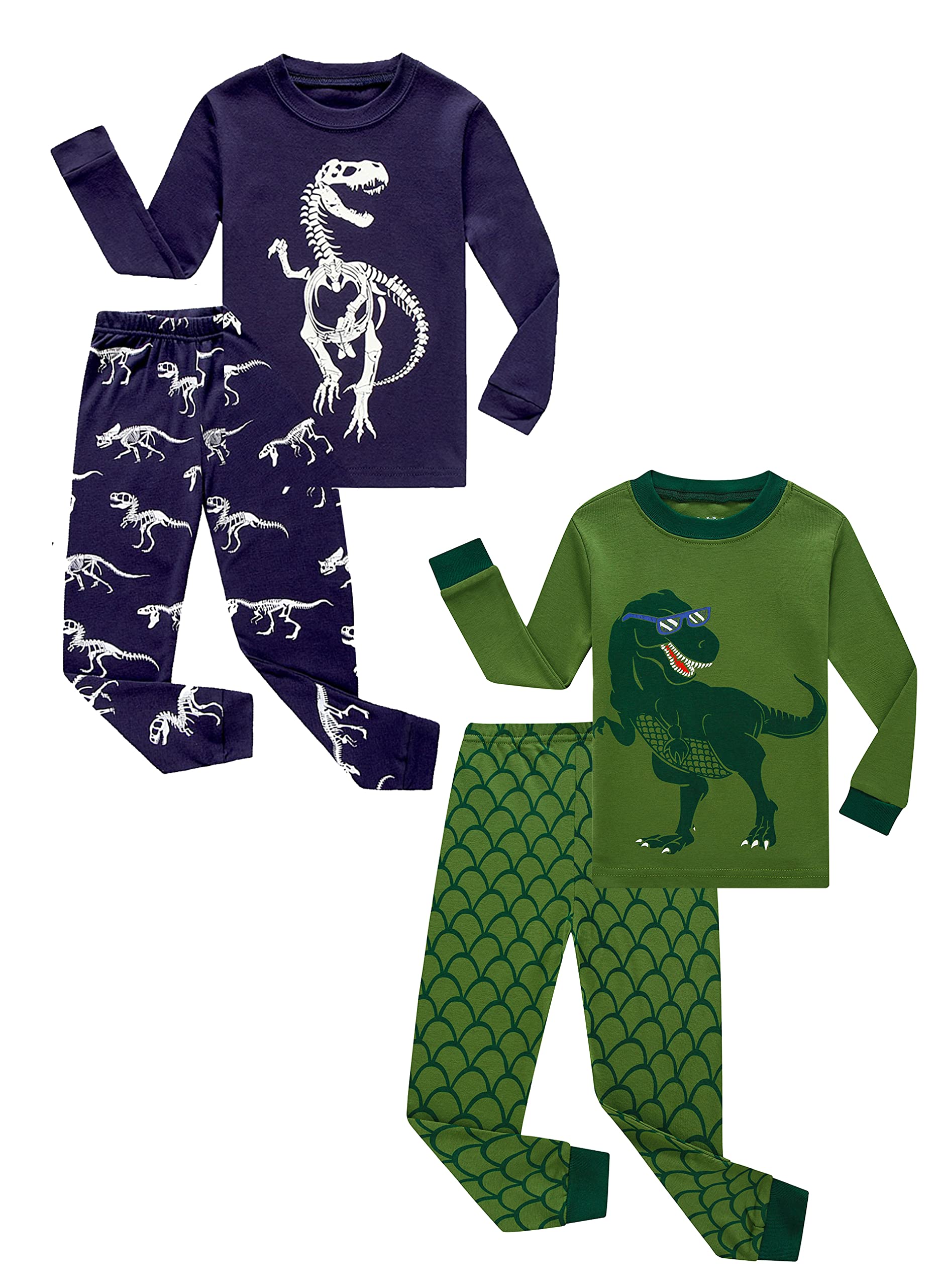 Family Feeling 4 Piece Baby Girls Boys Long Sleeve Dinosaur Green Blue Pajamas Sets 100% Cotton Pyjamas Toddler Infant Kids 18-2