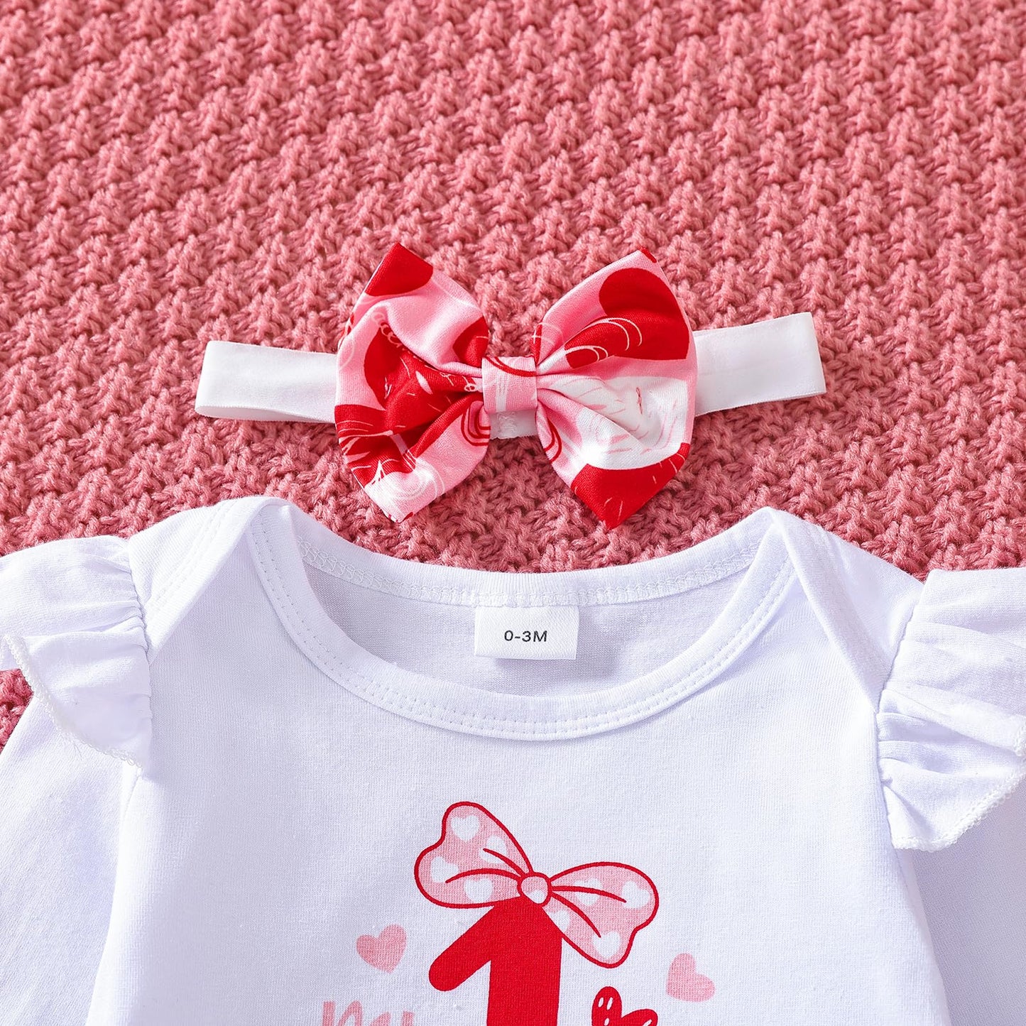 Wynato Newborn Infant Baby Girl My First Valentines Day Outfit Long Sleeve Onesie Romper Love Heart Print Pants And Headband (Pi