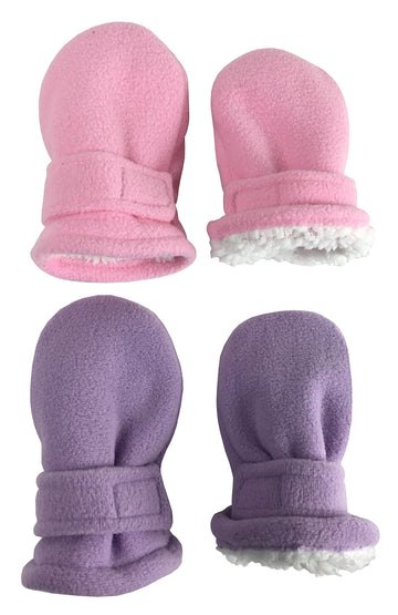 N'Ice Caps Little Kids And Baby Easy-On Sherpa Lined Fleece Mittens - 2 Pair Pack (Pink/Light Purple Pack - Infant No Thumbs, 6-