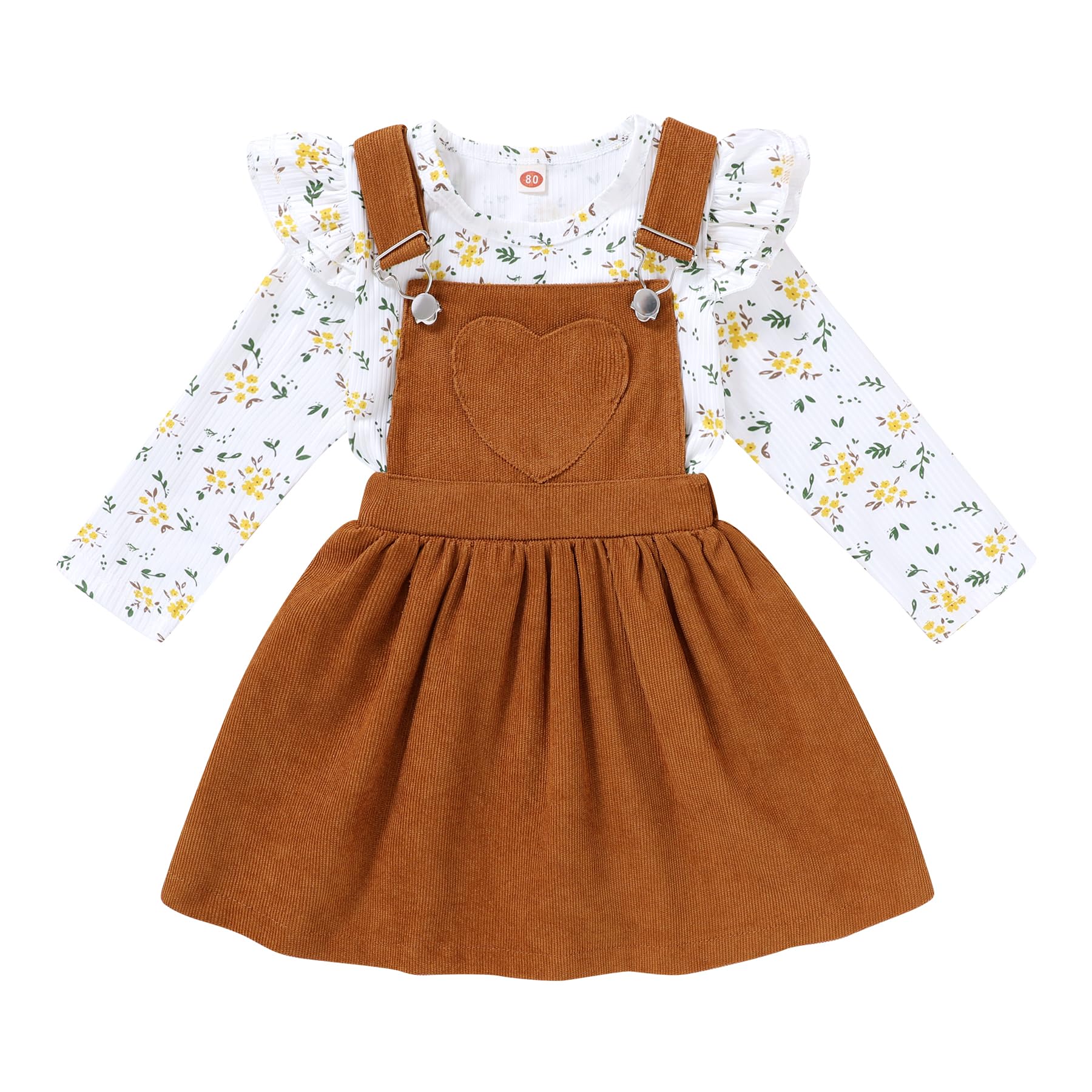 Younger Tree Toddler Baby Girl Fall Outfit Long Sleeve Stripe T-Shirt And Strap Dress Overall With One Pocket Clothes Sets(F4 Fl