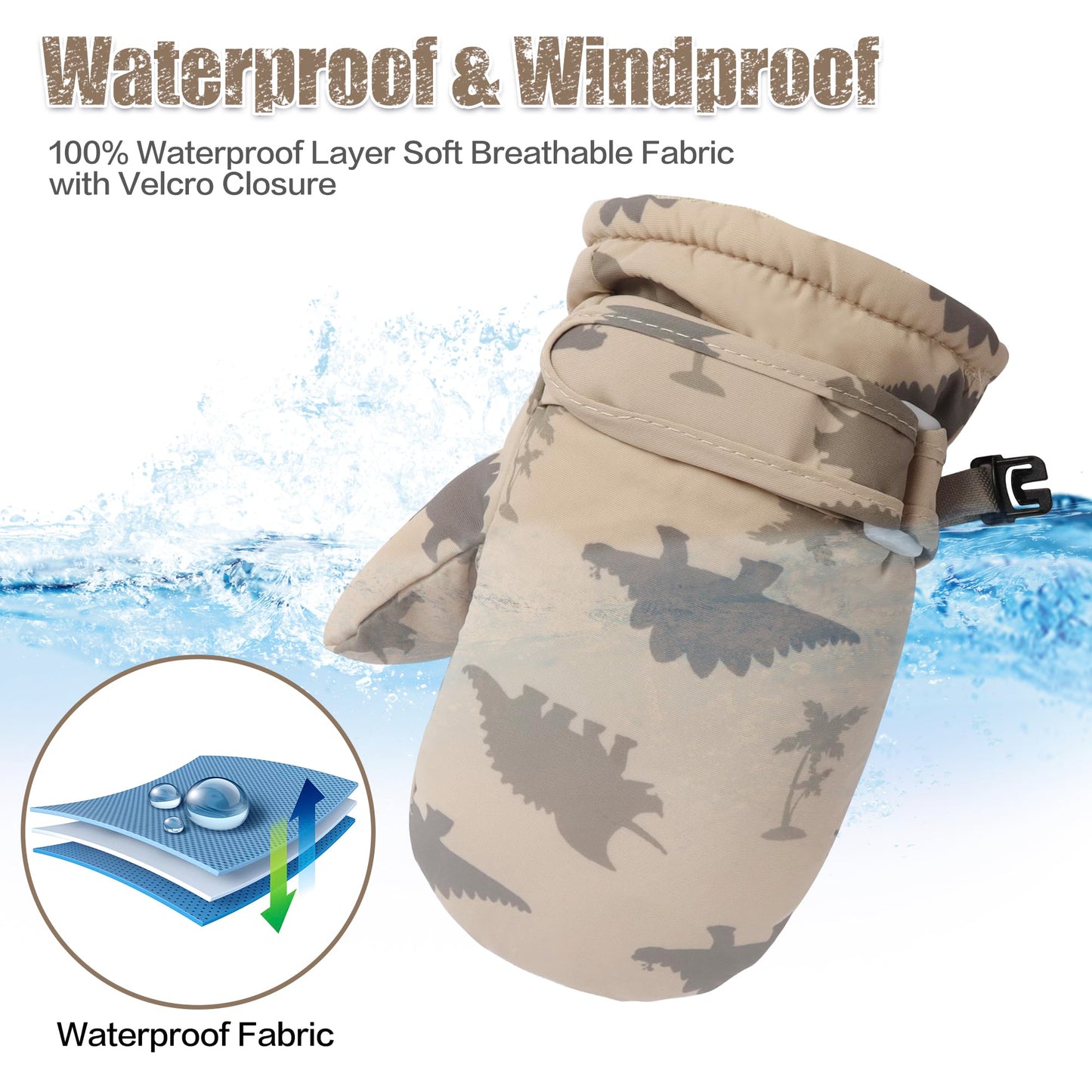 Fynnsure Toddler Mittens Baby Waterproof Snow Gloves Kids Ski Snow Gloves Cold Weather Mittens For Boys Girls Khaki Dinosaur 4-6