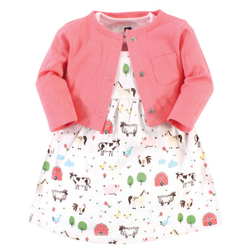 Hudson Baby Girls' Cotton Dress And Cardigan Set, Farm Animals, 0-3 Months