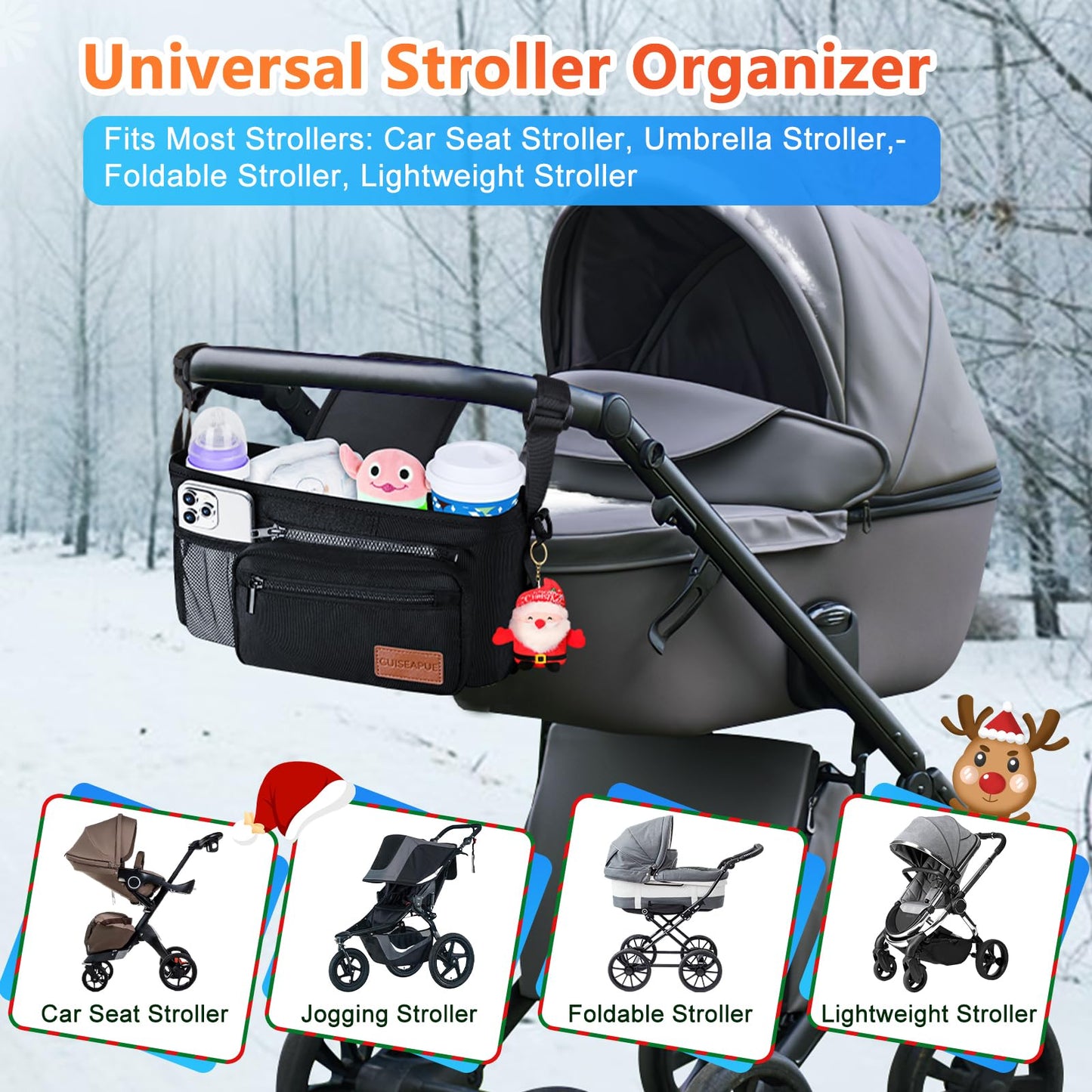 Guiseapue Universal Stroller Organizer With Cup Holder Detachable Phone Bag And Shoulder Strap, Stroller Caddy Fits For Stroller