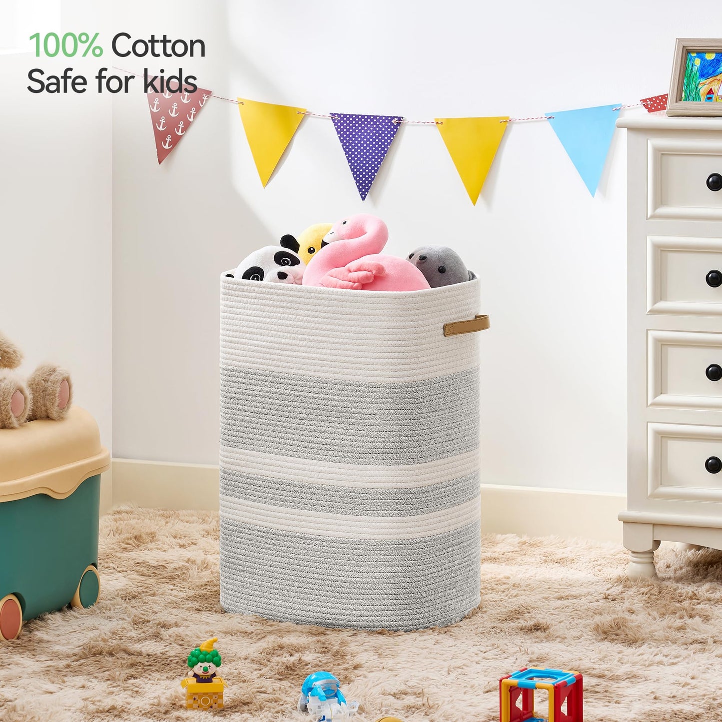 Nunsino Laundry Hamper,Laundry Basket With Leather Handles,Woven Storage Basket For Toys,Pillows,Blankets,Clothes,Brown&White