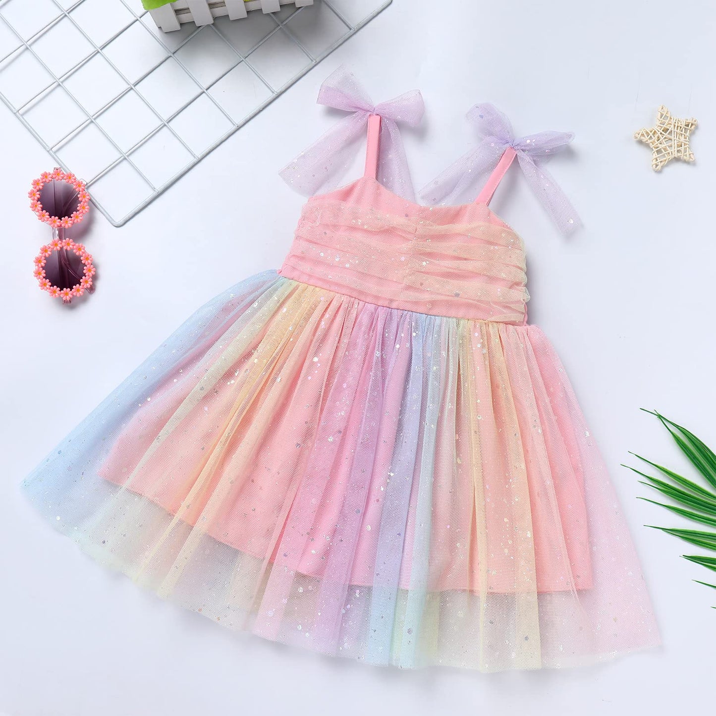 Baby Girls Sequin Rainbow Tutu Dress Summer Sleeveless Tulle Princess Birthday Party Dresses Toddler Little Girl First Communion