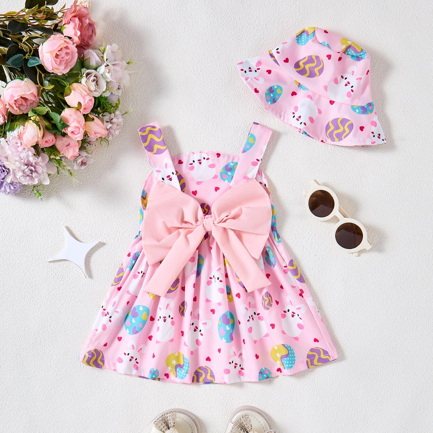 Baby Girl Dress Newborn Easter Dress Summer Pink Eggs Bunny Halter Dresses With Hat Cute Baby Easter Outfit Set Infant Clothes F