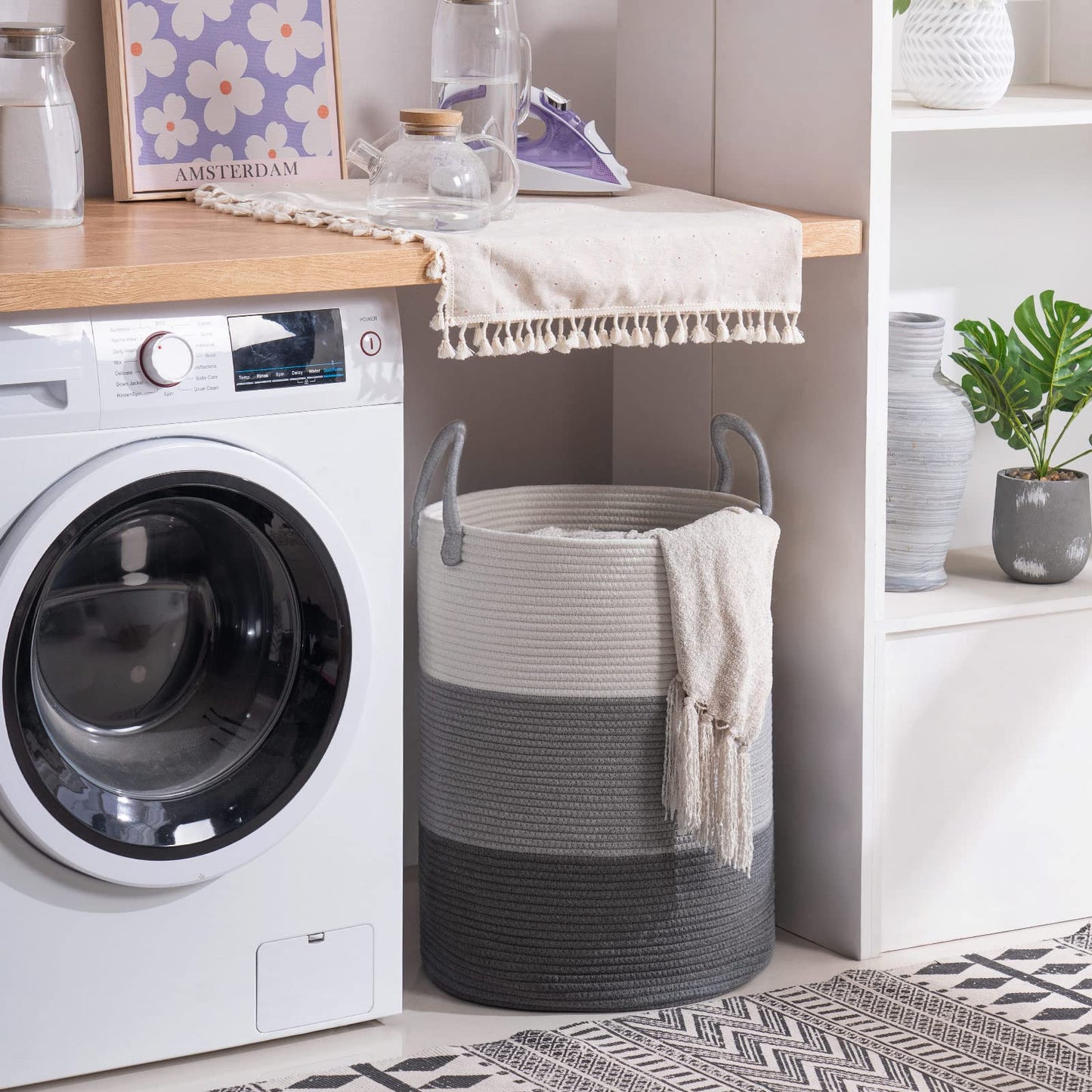 Youdenova Woven Rope Laundry Hamper Basket, 58L Tall Luandry Basket, Baby Nursery Hamper For Blanket Storage, Clothes Hampers Fo