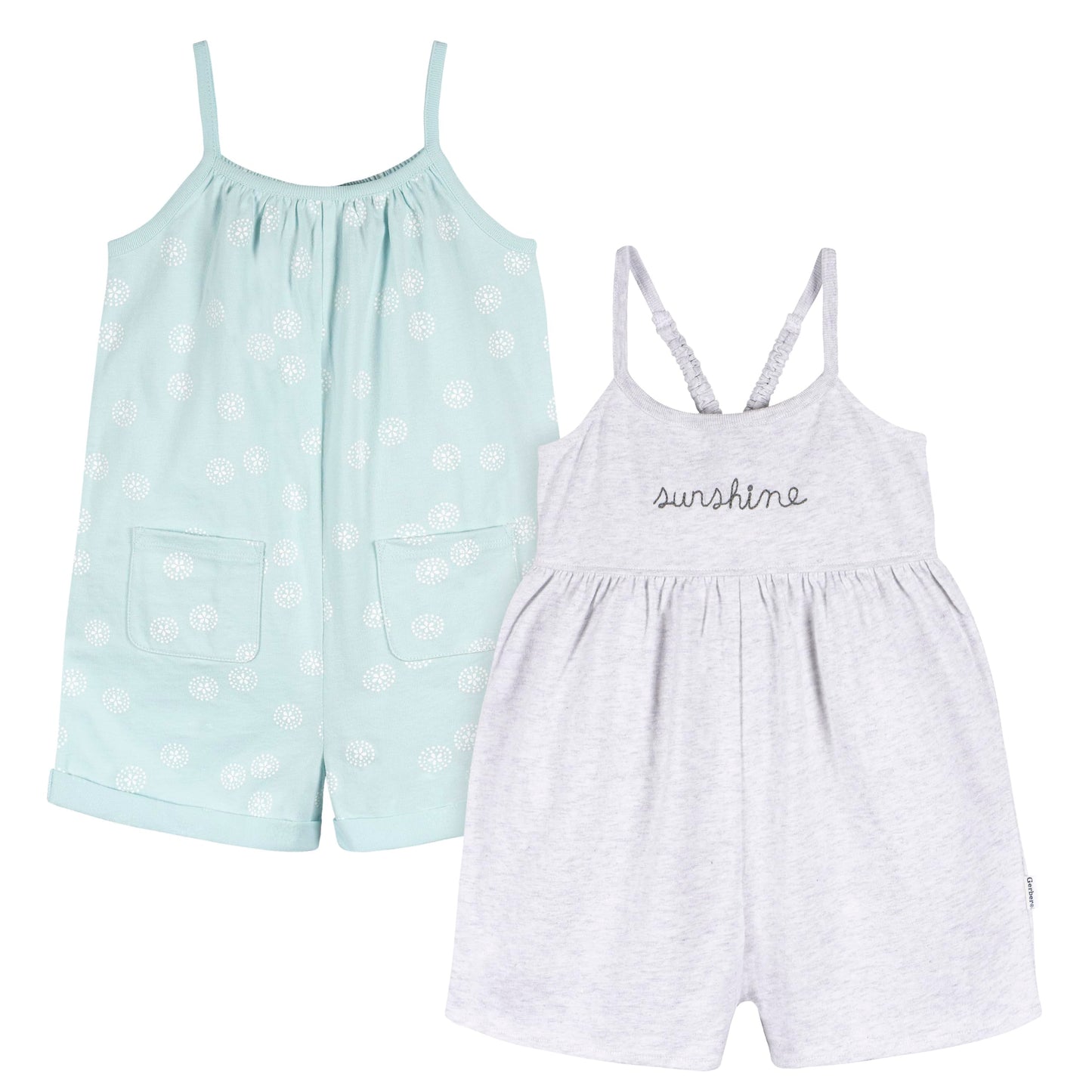 Gerber Baby Girls Toddler 2-Pack Sleeveless Romper Jumpsuit, Light Grey And Sand Dollars, 18 Months