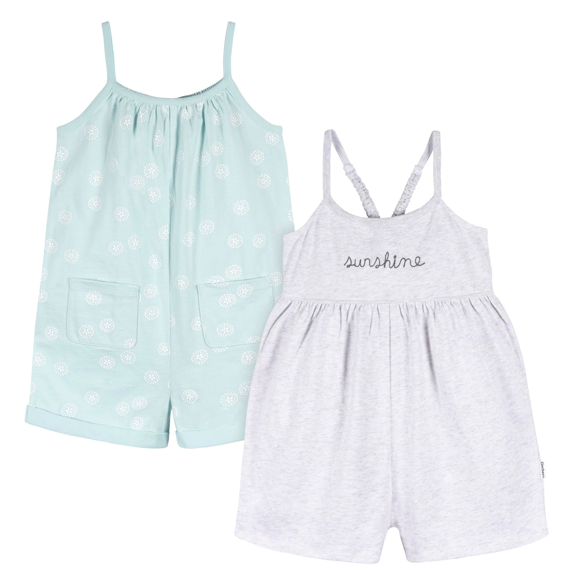 Gerber Baby Girls Toddler 2-Pack Sleeveless Romper Jumpsuit, Light Grey And Sand Dollars, 18 Months