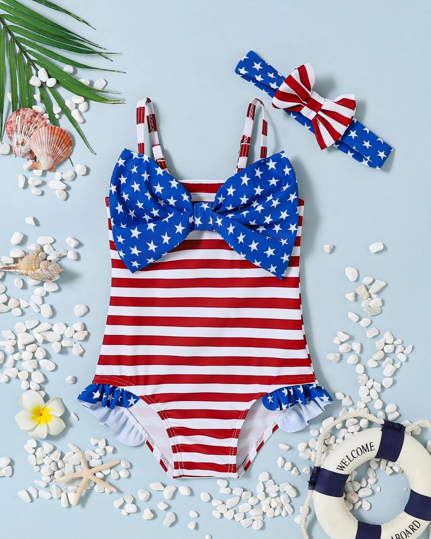 Mioglrie Baby Girl Swimsuit Toddler 4Th Of July Swimsuit 3T-4T Bathing Suit Star Ruffle Stripe Summer Beach One Piece Swimwear F
