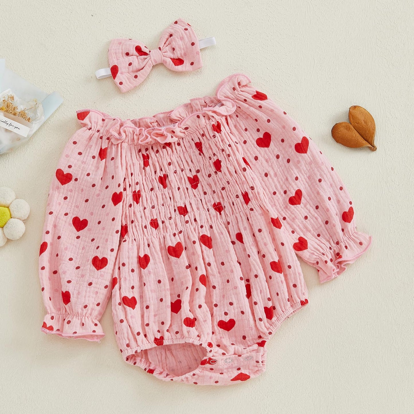 Baby Girls Valentines Day Romper Heart Print Long Sleeve Jumpsuit Cute Headband Newborn Infant Valentine Outfit (Pink, 0-3 Month