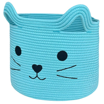 Vk Vkliving Woven Basket 15'Lx14'H Cotton Rope Toy Basket With Cat Design, Cute Animal Basket Gift Basket Large Cat Toy Basket