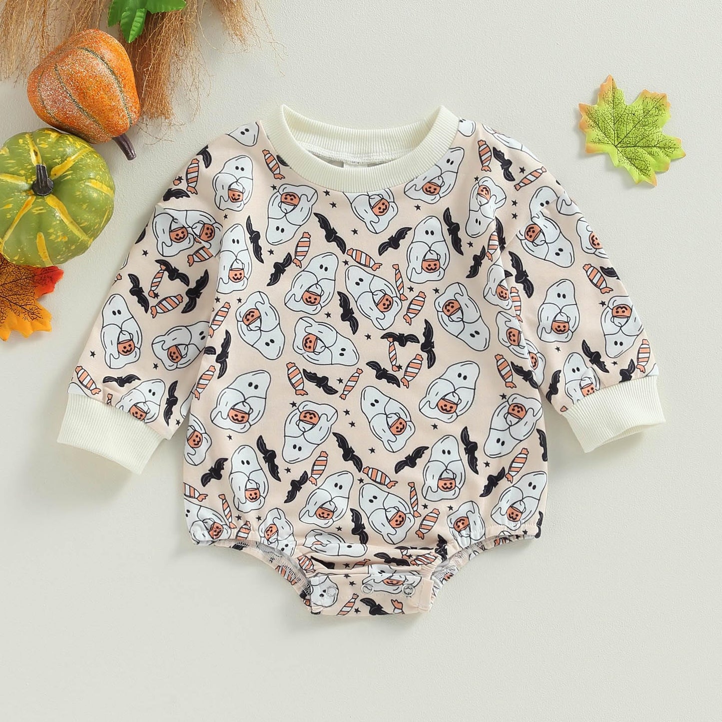 Halloween Newborn Baby Girl Outfit Pumpkin Sweatshirt Romper Long Sleeve Romper Jumpsuit Infant Fall Winter Clothes (Ghost, 3-6