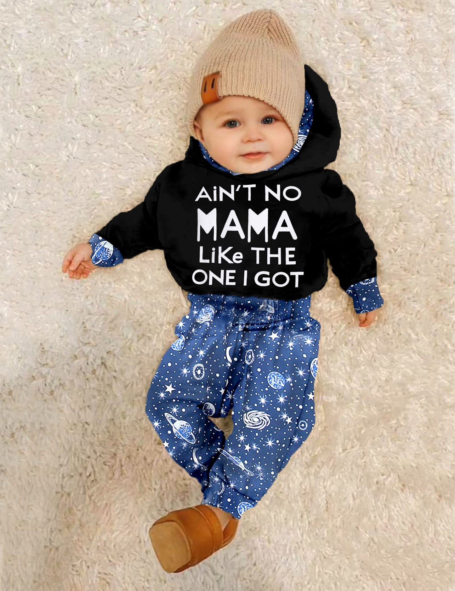Fommy Baby Boy Clothes 9-12 Months Baby Boy Clothes Letter Print Black Hoodie Blue Pants 2Pcs 3-6 Months Baby Boy Clothes