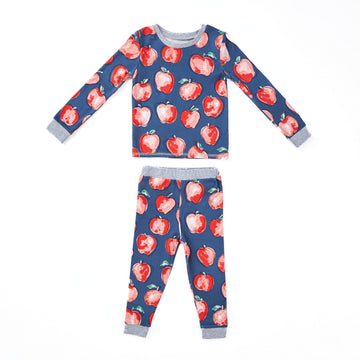 Mud Pie Baby Girls Back To School Shirt Apple Pajamas, Blue/Red, 9-12 Months