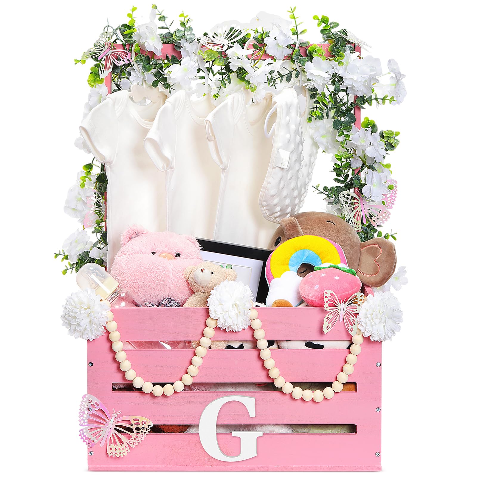 Juexica Wooden Baby Shower Crate Closet Baby Basket with Handle Box with Butterfly Eucalyptus Garland Bead Artificial Flowers La