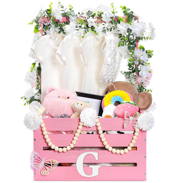 Juexica Wooden Baby Shower Crate Closet Baby Basket with Handle Box with Butterfly Eucalyptus Garland Bead Artificial Flowers La