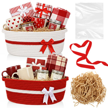 Colingmill 2 Packs Valentines Day Small Woven Basket with Bow and Handle 14 x 10 x 5.5 Inches Gift Basket with Raffia Paper Fil
