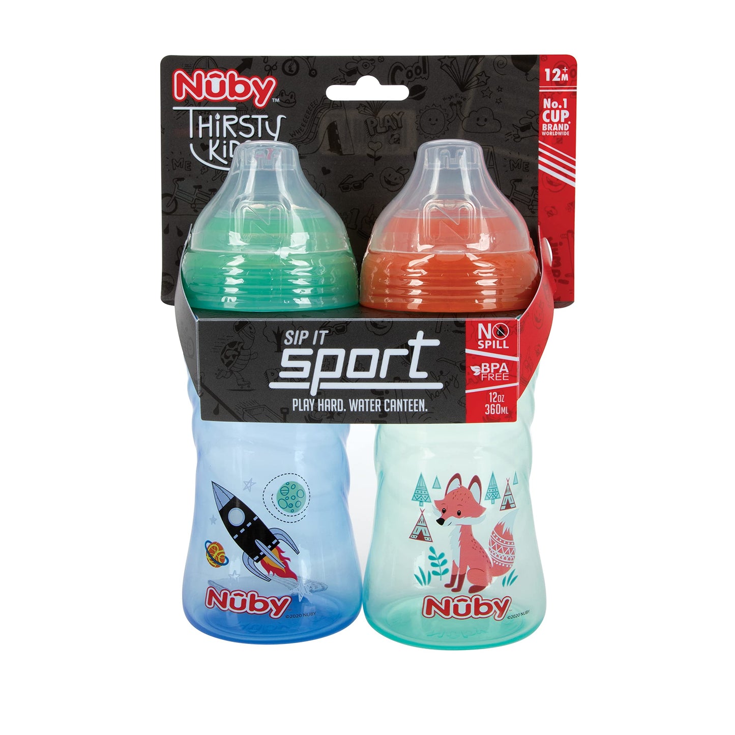 Nuby 2 Pack No Spill Printed Thirsty Kids No-Spill Sip-it Sport Cup with Soft Spout and Lid - 12oz, 12+ Months,2 Count(Pack of 1