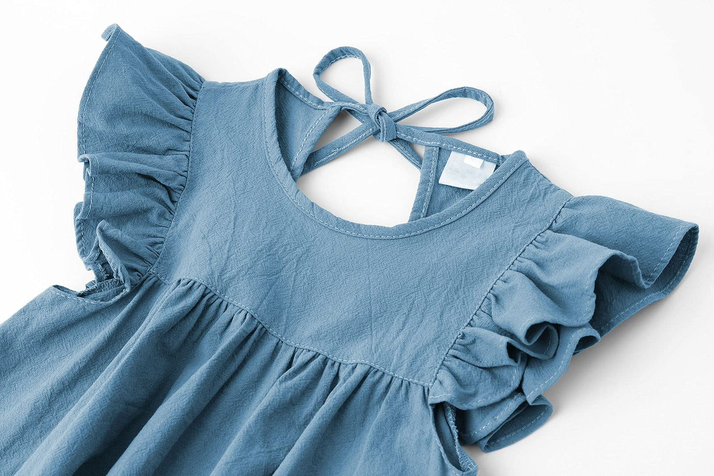 Lyxiof Toddler Baby Girl Cotton Linen Dress Ruffle Sleeve Halter Sleeveless Kids Casual Beach Dresses Blue 90Cm