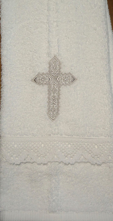 Baby Baptism Towel With Cross Embroidery And Lace