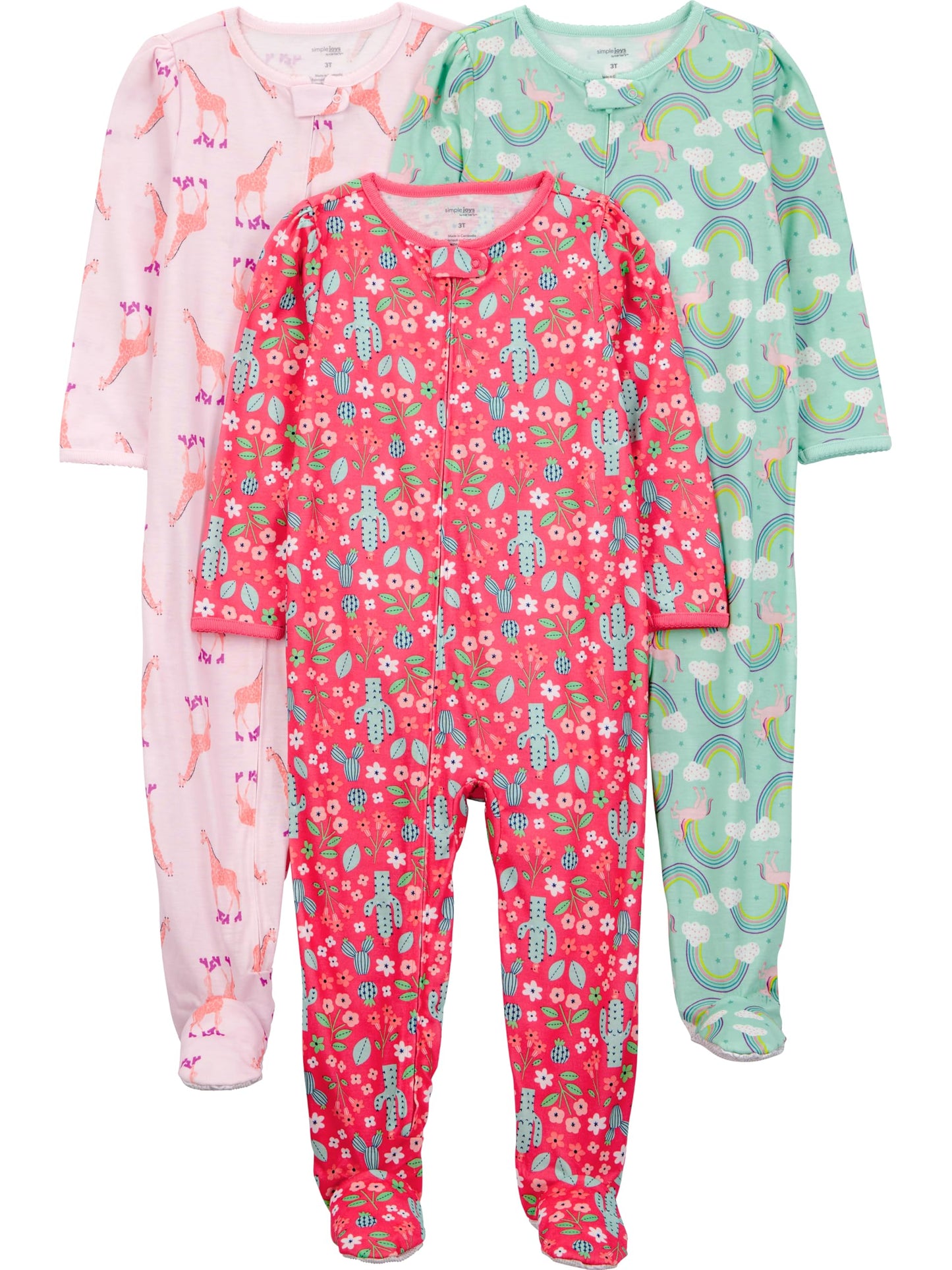 Simple Joys by Carters Toddler Girls 3-Pack Loose Fit Flame Resistant Polyester Footed Pajamas Sleepwear, giraffe/rainbow/flor