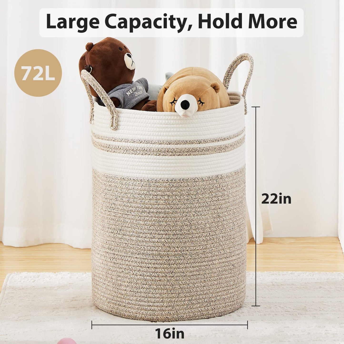 72L Large Woven Laundry Hamper By Fiona'S Magic, Tall Cotton Rope Storage Basket, Jute Baby Nursery Hamper For Blankets, Toys An
